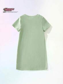 THE POWERPUFF GIRLS X SHEIN Maija Kids Young Girl Cartoon Pattern Knit Soft Round Neck Short Sleeve Dress - Green - View 4