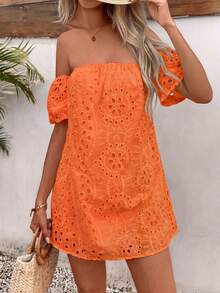 Glamine Women's Summer Solid Color Open Shoulder Dress With Hollowed-Out Embroidered Pattern Mini Short Vacation Beach Outfit - Orange - View 4