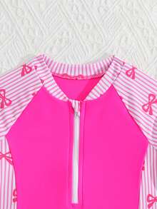 SHEIN Young Girls Tankinis Striped Butterfly Print Zipper Camisole Bikini Set With Long Sleeve & Shorts,Summer,Beach,Holiday Swimming Hot Spring Surfing - Hot Pink - View 3