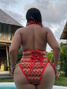 Swim SXY 大码女士撞色露背系带吊带背心式上衣和三角吊带背心式泳裤套装，适合夏季度假 - 彩色 - 查看 2