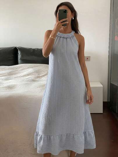 DAZY 女士条纹印花无袖休闲家居服连衣裙，夏季