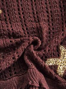 Soleia Plus Size Women's Holiday Brown Starfish Decor Double Ruffle Halter Sweater Dress, Suitable For Holiday Date, Afternoon Tea, Beach, Cruise, City Vacation, Wedding Season, Music Festival, Boho Vacation,Summer Outfits For Women,Spring Outfit,Beach Outfits For Women ,Graduation,Vacation Outfits Women. - Brown - View 7