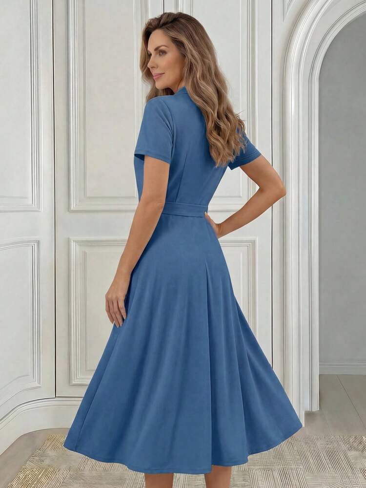 Middle-Aged & Elderly Women's Solid Color V-Neck Short Sleeve Elegant Dress