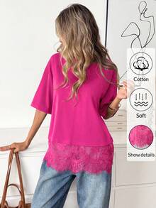 Easowa Black Short Sleeve Round Neck Lace Hem Loose T-Shirt For Women,Summer Top - Hot Pink - View 5