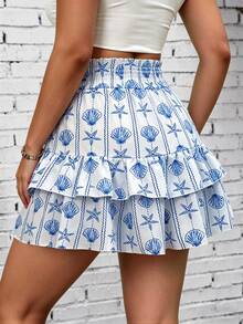 Vionelle Plus-Size Women's Summer Bohemian Beach Vacation Blue And White Leisure Vacation Ocean Shell Star Print Elastic Waist,Ruffled Hem Vacation Pants Skirt - Blue and White - View 2