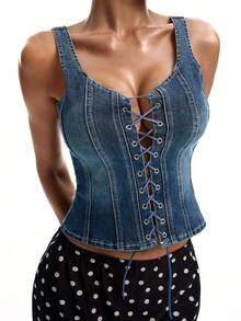 DAZY Áo tank top denim lửng ôm sát, buộc dây, gợi cảm, phong cách đường phố thường ngày dành cho nữ, thích hợp cho mùa hè. - Màu xanh lam - Xem 5
