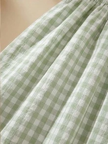 SHEIN 女童（小号）绿色格子休闲中长连衣裙，配有可爱的荷叶袖和蝴蝶结设计 - 綠色 - 查看 6