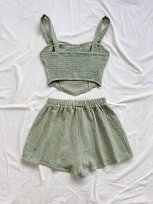 Conjunto de 2 piezas de camiseta sin mangas y pantalones cortos de unicolor casual para vacaciones de mujer - Verde - Ver 2