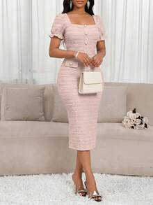 SHEIN Lady Đầm nữ thời trang, thanh lịch, cổ vuông, dáng dài ngang gối - Hồng - Xem 5