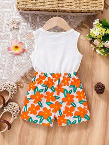 SHEIN Vintaside Kids Bộ 2 món cho bé gái, áo ba lỗ cổ tròn in hình trái tim và hoa cùng quần short in hình hoa trang trí hình bướm, thích hợp mặc mùa hè. - Nhiều màu - Xem 2