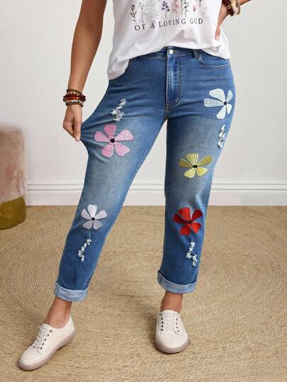 SHEIN CURVE+ Jeans pitillo de 7/8 de longitud con bolsillo bordado y efecto desgastado para mujer de talla grande