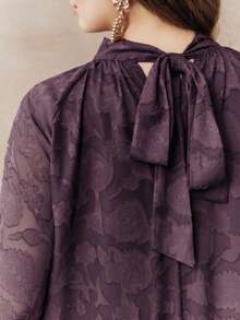 Anewsta Plus Size Women's Brown Chiffon Cutout Floral Stand Collar Lantern Sleeve Tie Back Elegant Dress Fall - Purple - View 3