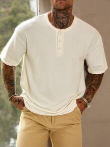 DAZY White Ribbed Fabric Half-Zip Design Short Sleeve T-Shirt For Men Summer - White - View 6