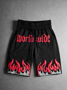 PAVTROS Men's Casual Flame Letter Print Pocket Drawstring Waist Sweatpants Wide Leg - Black - View 4