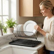 1pc Foldable 2-Tier Metal Kitchen Dish Rack, High Capacity With Removable Drip Tray, Ideal For Small Kitchens, Apartments, Dorms, RVs, For Storing And Drying Plates, Bowls, Cups,  Great For Daily Cooking, Post-Meal Cleaning, Holiday Gatherings, - View 2