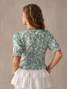 WESTFADE Áo thun nữ tay phồng 1/4, cài cúc, kiểu smocked. - màu xanh lá - Xem 2