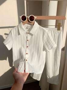 两件套儿童/青少年男童休闲百搭舒适波浪条纹翻领开领短袖衬衫短裤梭织两件套，适合通勤上学、日常休闲度假旅行，也适合运动，适合春夏季节 - 杏色 - 查看 4