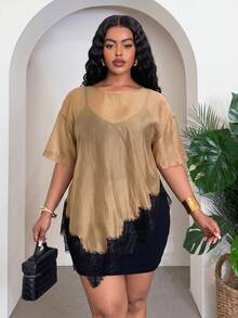 Veslaya Plus Size Women Contrast Lace Hem Round Neck Short Sleeve Top - Brown - View 7