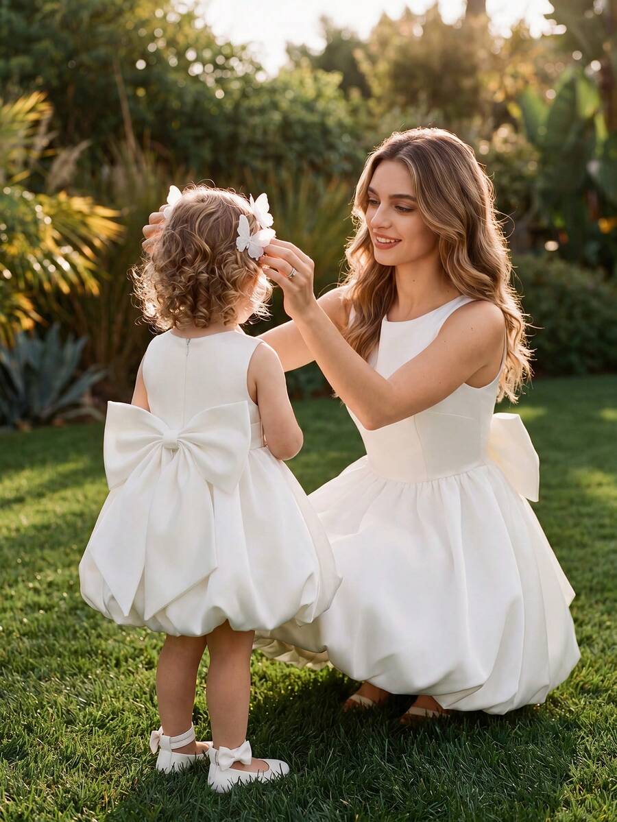 SHEIN Glamorique Kids 女婴公主裙，花童礼服，生日派对礼服，婚礼礼服，节日正式礼服，可拆卸大蝴蝶结，白色缎面质感连衣裙