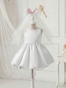 SHEIN Glamorique Kids 女婴公主裙，花童礼服，生日派对礼服，婚礼礼服，节日正式礼服，可拆卸大蝴蝶结，白色缎面质感连衣裙 - 白色 - 查看 7