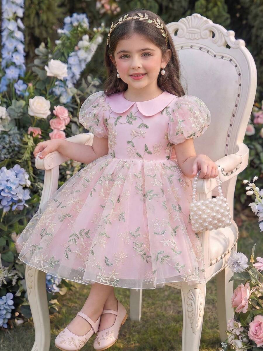 SHEIN Glamorique Kids 少女碎花束腰泡泡袖连衣裙,薄纱泡泡袖优雅派对礼服,适合所有季节 - 粉色 - 查看 1