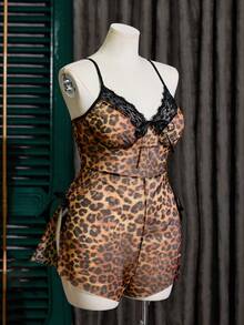 SilkySpell Leopard Print Mesh Sheer Sexy Slit Lace Bow Strap Plus Size Lingerie Jumpsuit - Multicolor - View 3