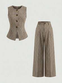 Chiquease 2026 Trending Vintage Plaid Sleeveless Blazer & Pants Set - High-Waisted Button Detail Chic Versatile Two Pieces For Casual Office Vacation - Multicolor - View 4