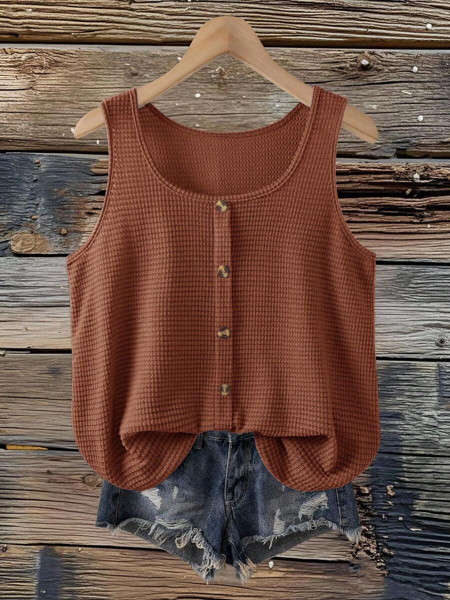 SHEIN VCAY Plus Size Women Summer Apricot Striped Button Decor Sleeveless Camisole - Coffee Brown - View 1
