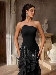 Aureia Women's Elegant Black Luxury 3D Beaded Sequins Mermaid Dress,High Waist Asymmetrical Exaggerated Ruffled Hem Side Slit Formal Evening Gown - Black - View 6