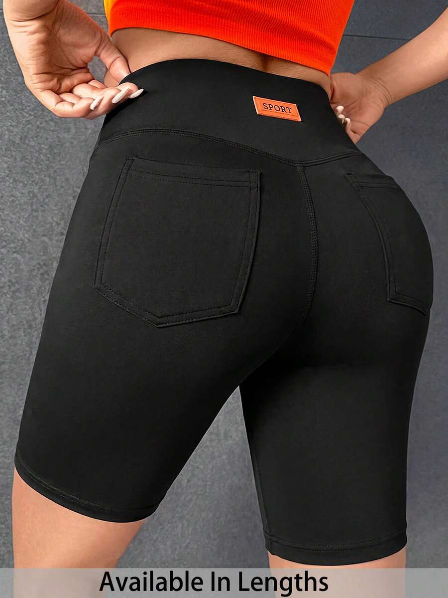 SHEIN PETITE CURVE CURVE 大尺碼女款小個子黑色休閒健身單車短褲，夏季高腰緊身褲，字母貼布縫線設計，適合夏季度假