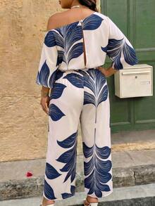Weeklong Plus Size Blue Leaf Print Asymmetric Neck Jumpsuit, Casual Vacation Wear - Multicolor - View 2