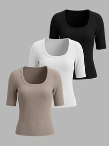 Selamara 3 chiếc áo thun nữ cổ vuông, chất liệu gân, kiểu dáng thường ngày, đa năng. - Nhiều màu - Xem 3
