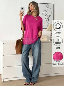 Easowa Black Short Sleeve Round Neck Lace Hem Loose T-Shirt For Women,Summer Top - Hot Pink - View 6