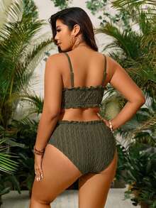 SHEIN Swim 大尺碼泳衣套裝，紋理比基尼琥珀珠飾，高腰泳褲，海灘度假、泳池派對，夏季綠色亮片性感熱帶風 - 軍綠色 - 查看 2