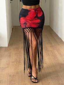 SHEIN Coolane 女士夏季度假装扮 沙滩装扮 外出装扮 印花弹力舒适花朵图案流苏裙 - 彩色 - 查看 5