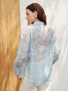 Aveloria Modichic Women's Light Blue Floral Autumn Elegant Romantic Tea Party High Tea Blouse Sheer Embroidered Rhinestone Turndown Collar Open Front Long Sleeve - Blue - View 2