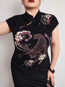 ROMWE Avant Pakaian Musim Panas Bergaya Cina yang Khas, Kerah Mandarin, Motif Macan, Potongan Slim Fit, Ukuran Plus, Atasan Wanita Bergaya Cina - Hitam - View 2