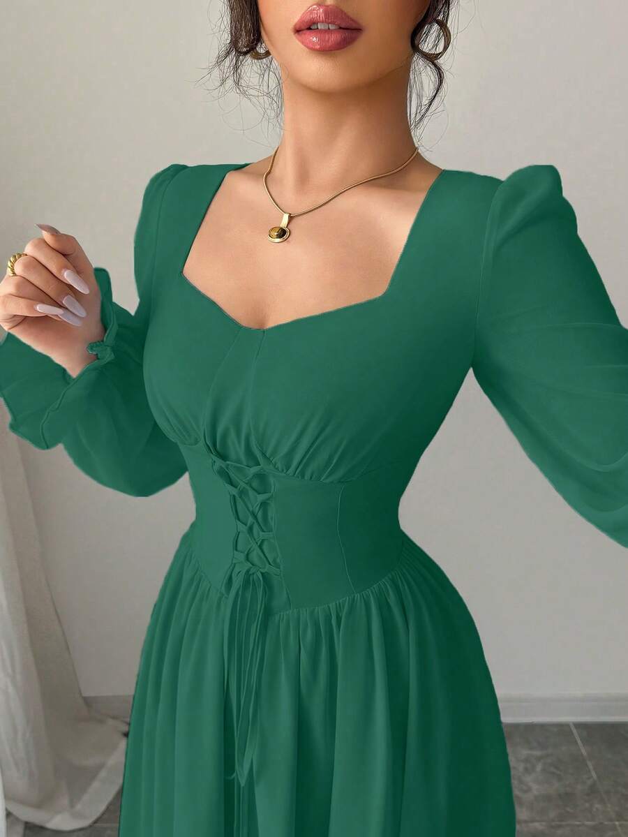 Modelyn Vestido de unicolor con cuello de ojo de cerradura, mangas con volantes y cintura con lazo, elegante para mujer, primavera/otoño - Verde - Ver 1