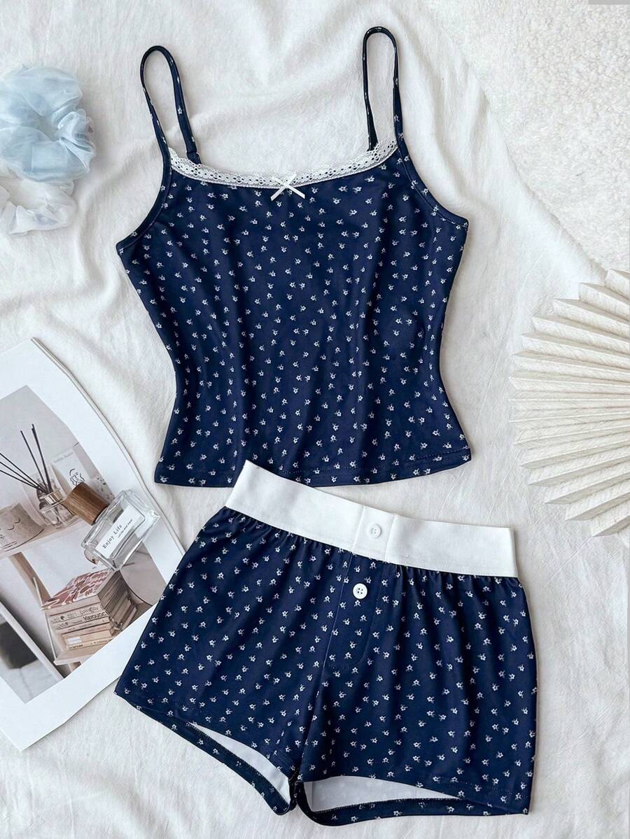 Tween Girls Ditsy Floral Knit Tank Top And Shorts Co-Ord Set - Navy Blue - View 1