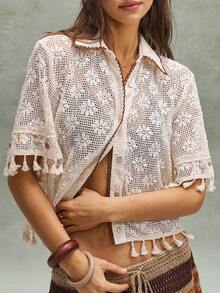 Bohemela Casual Boho Solid Color Loose Women Shirt, Summer Top Beach White - Apricot - View 3