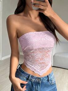 SHEIN EZwear 不对称下摆蕾丝拼接性感无袖露肩短款上衣，春夏款 - 淺粉色 - 查看 4