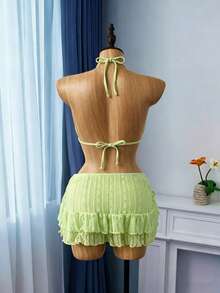 Bellisia Bộ bikini tam giác và váy đi biển bằng vải ren màu mơ ngọt ngào dành cho nữ, thích hợp cho kỳ nghỉ hè. - màu xanh lá - Xem 2
