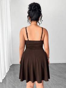 Elenzga Coffee Color Plus Size Sleeveless Bodycon Mini Dress, Minimalist, Suitable For Evening Party, Comfortable Fabric, Spring/Summer/Autumn - Coffee Brown - View 2
