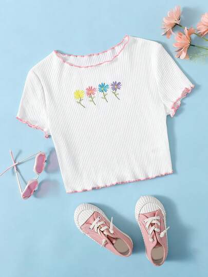 SHEIN Teen Girls Embroidery Floral Lettuce Trim Rib-knit Tee