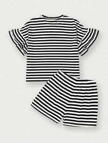 SHEIN 2pcs/Set Tween Girls' Round Neck Short Sleeve Striped Ruffle Sleeve T-Shirt And Striped Shorts - Black and White - View 2