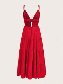 Pariaura Vestido con dobladillo suelto de parches y corbata al cuello, estilo sencillo y casual para vacaciones para mujeres - Rojo - Ver 2