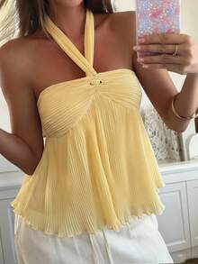 Livesso Tie-Neck Pleated Women Camisole Summer - Yellow - View 8