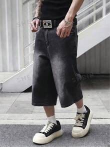 Manfinity EMRG 男士休閒水洗寬腿牛仔短褲 男士寬腿牛仔褲 男士寬鬆牛仔短褲 - 深灰色 - 查看 4