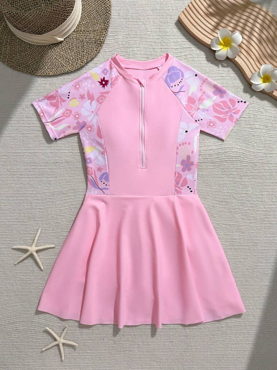 SHEIN 少女夏季休闲碎花连体泳衣 - 淺粉色 - 查看 1