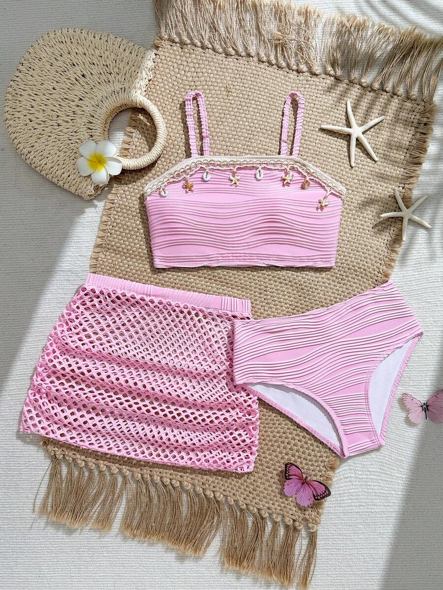 SHEIN Tween Girl Pink Summer Cute Beach Vacation Holiday Bikini Set,3 Pieces Textured Shell Decor Strapless Top,High-Waisted Briefs & Mesh Skirt Swimwear - Pink - View 1